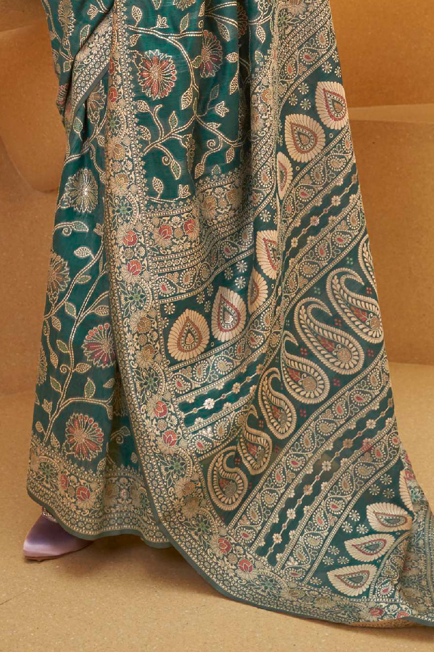 Poison Green Meenakari Woven Chikankari Saree with Designer Pallu