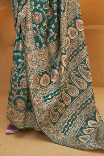 Poison Green Meenakari Woven Chikankari Saree with Designer Pallu