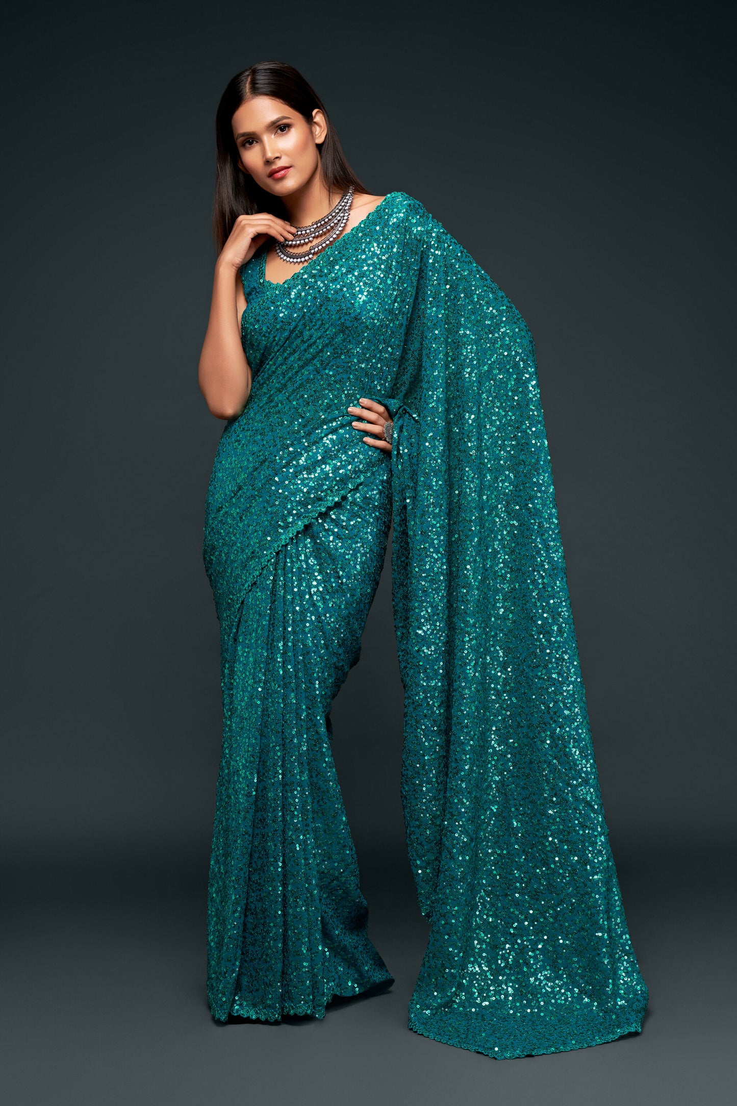 Teal Blue Sequin emblished Designer Sparkling Georgette Saree Bloue for Every Occassions