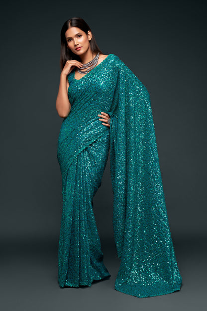 Teal Blue Sequin emblished Designer Sparkling Georgette Saree Bloue for Every Occassions