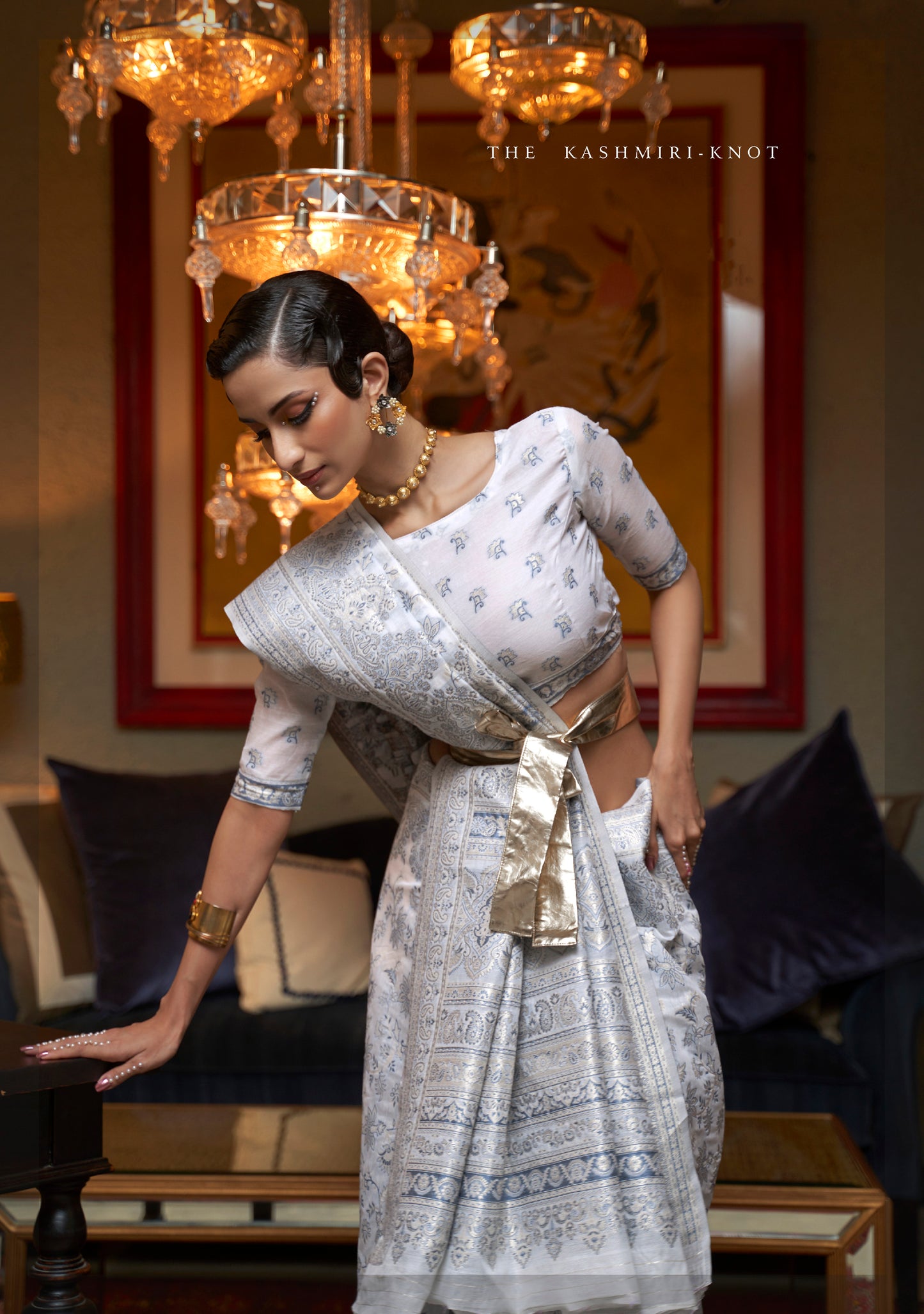 Pearl White Woven Kani Pure Modal Handloom Weaving Silk Saree