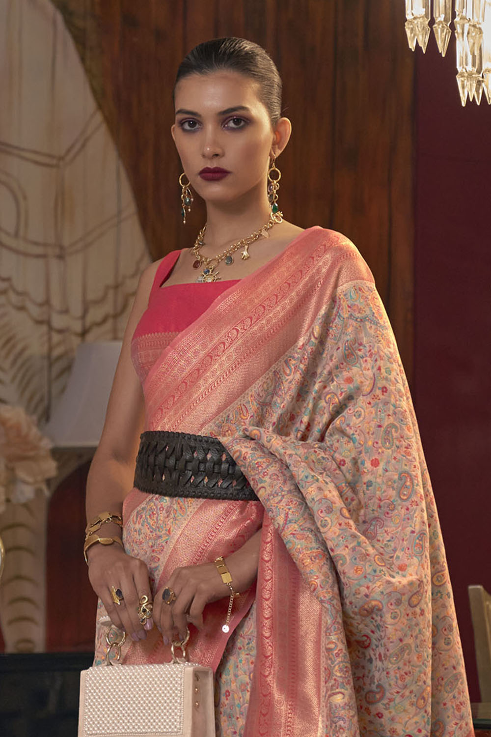 Light Pink with Peach Pashmina Inspired Kani Silk Saree for Woman