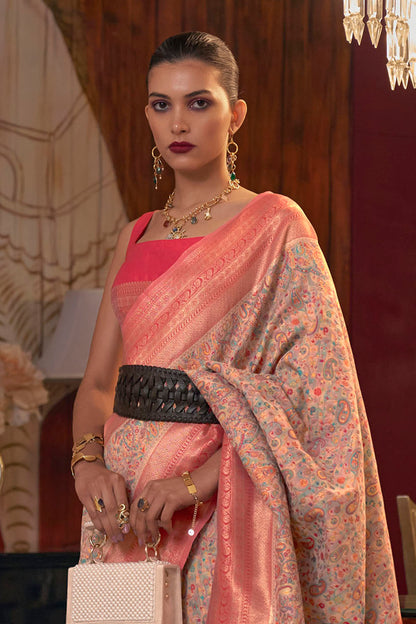 Light Pink with Peach Pashmina Inspired Kani Silk Saree for Woman