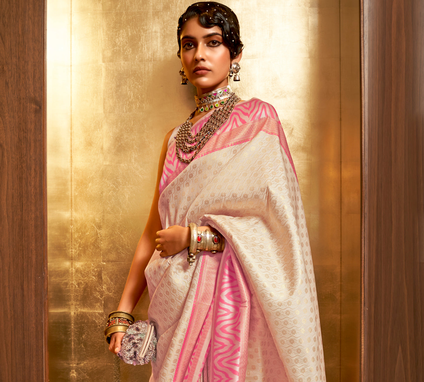 Golden White Banarasi Silk Saree with Designer Blouse for Women