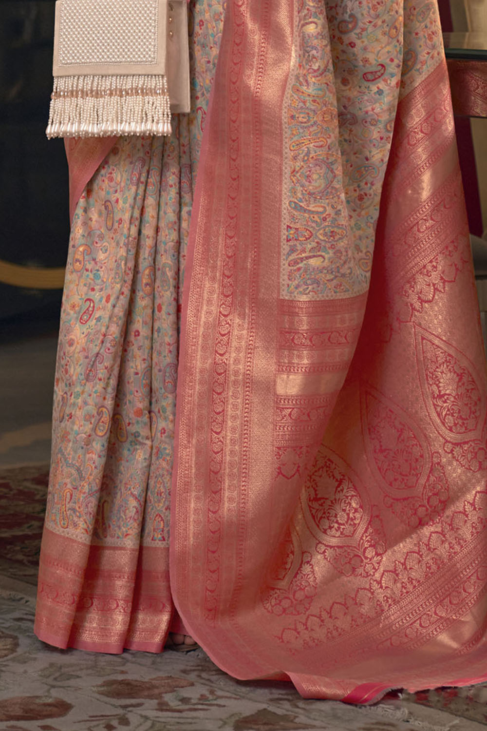 Light Pink with Peach Pashmina Inspired Kani Silk Saree for Woman