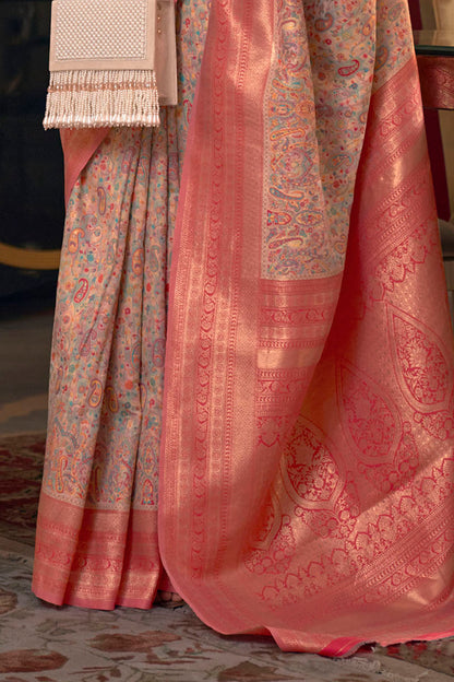 Light Pink with Peach Pashmina Inspired Kani Silk Saree for Woman