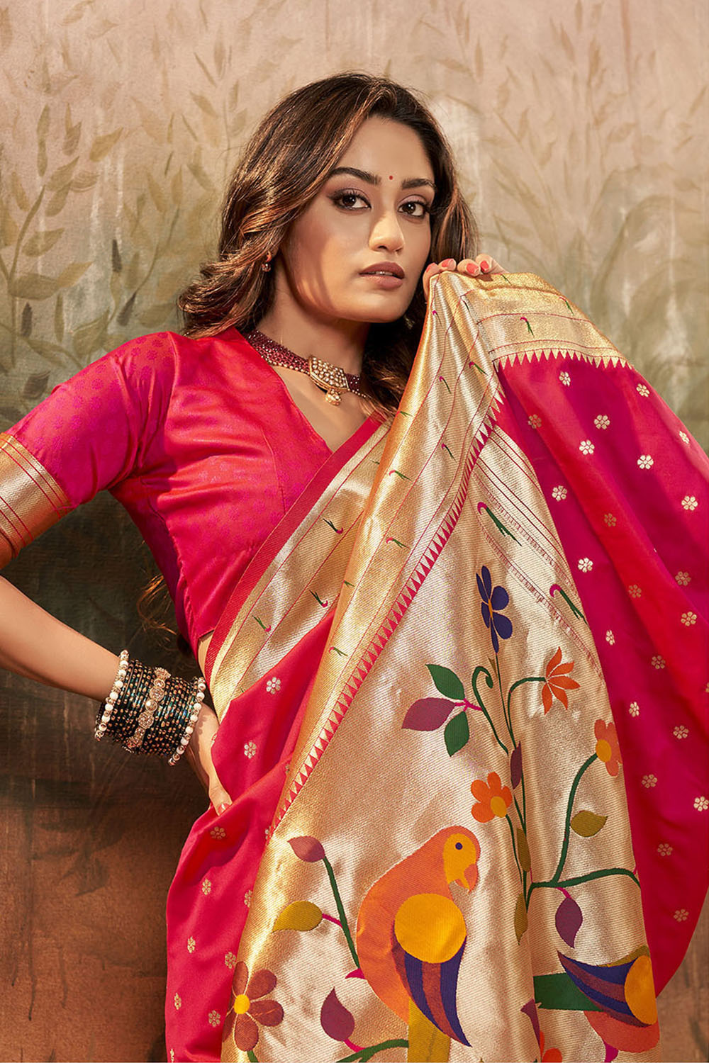 Crimson Red Banarasi Paithani Saree with Parrot Pallu and Broad Zari Border