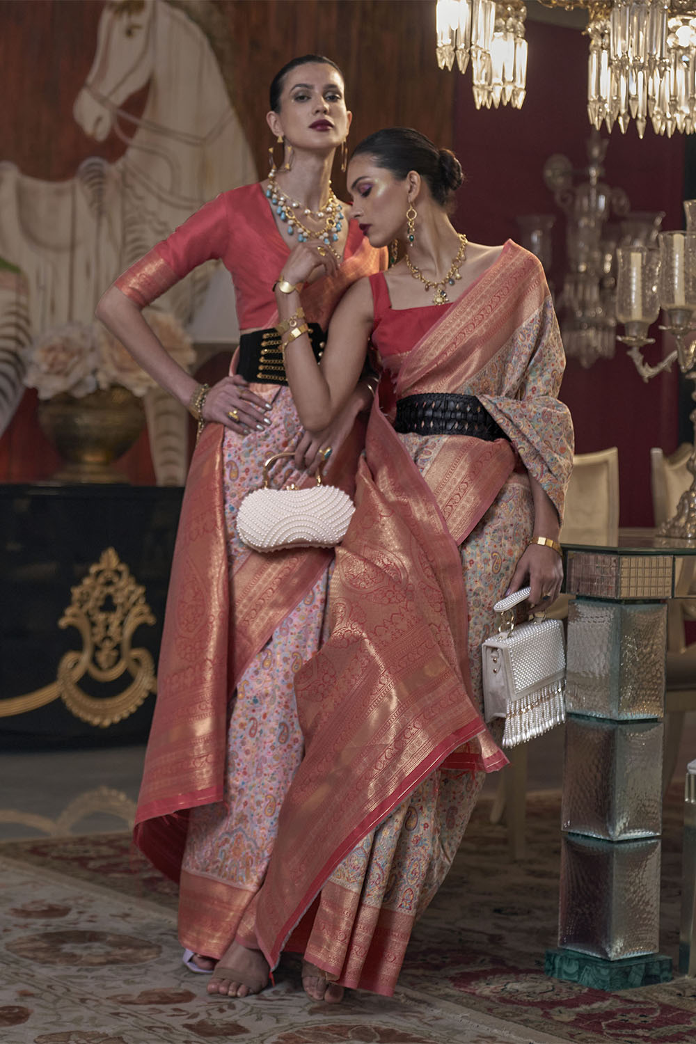 Baby Pink with Red Pashmina Inspired Kani Silk Saree for Woman