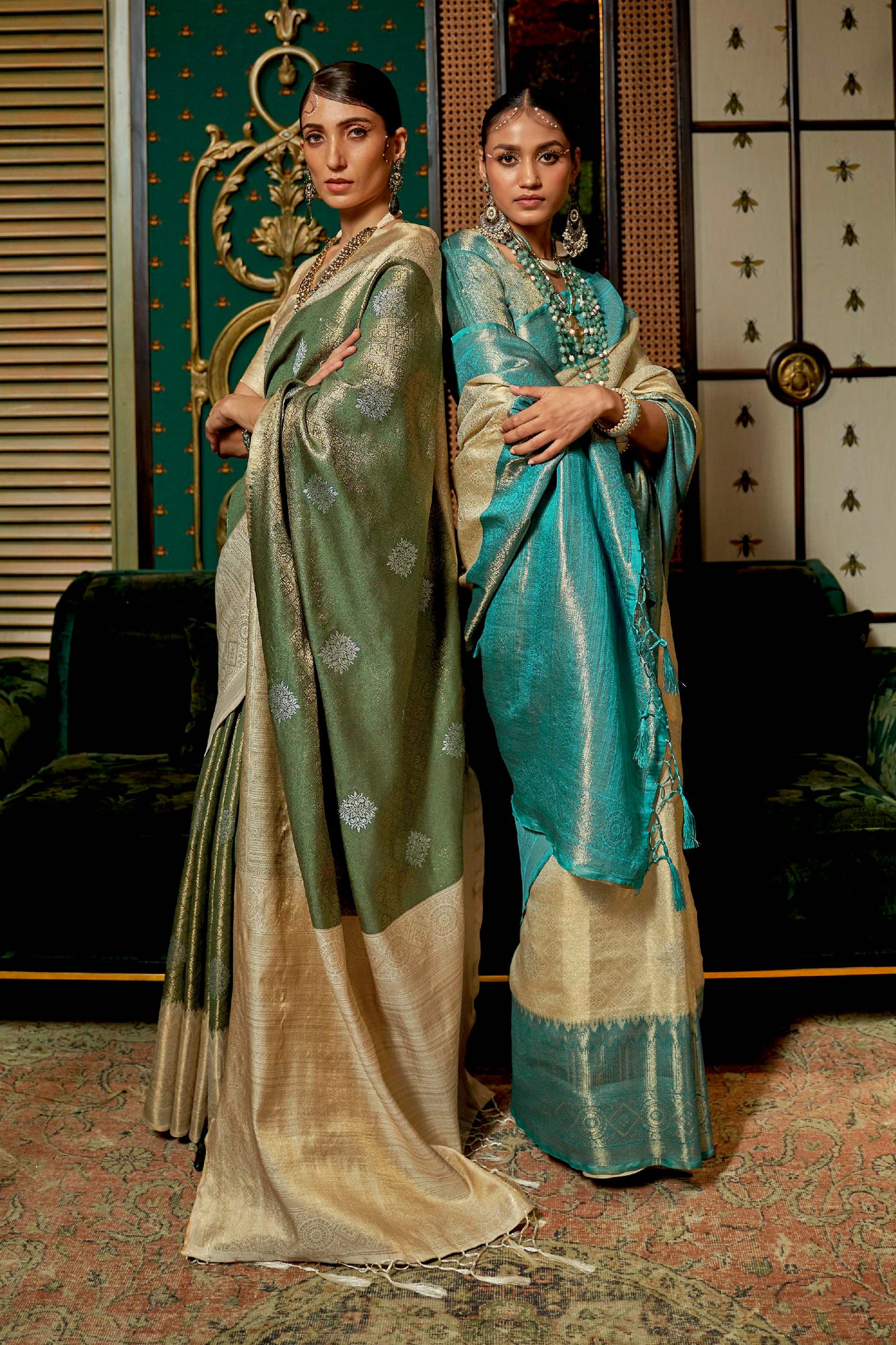 Camo Green Soft Zari Woven Kanjivaram Saree for Weddings and Festivals
