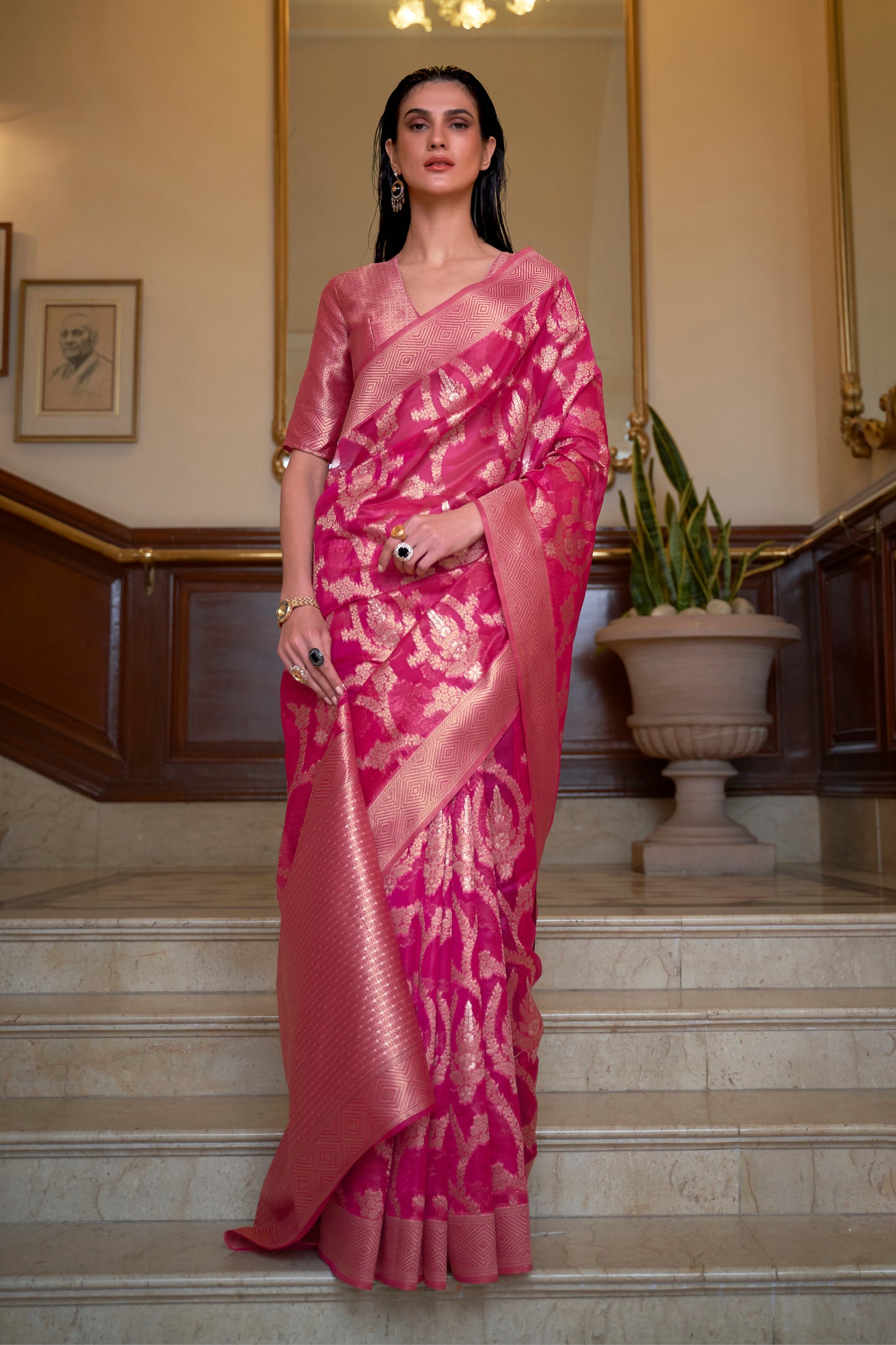 Purple Red Banarasi Organza Saree with Woven Jaal Weaving