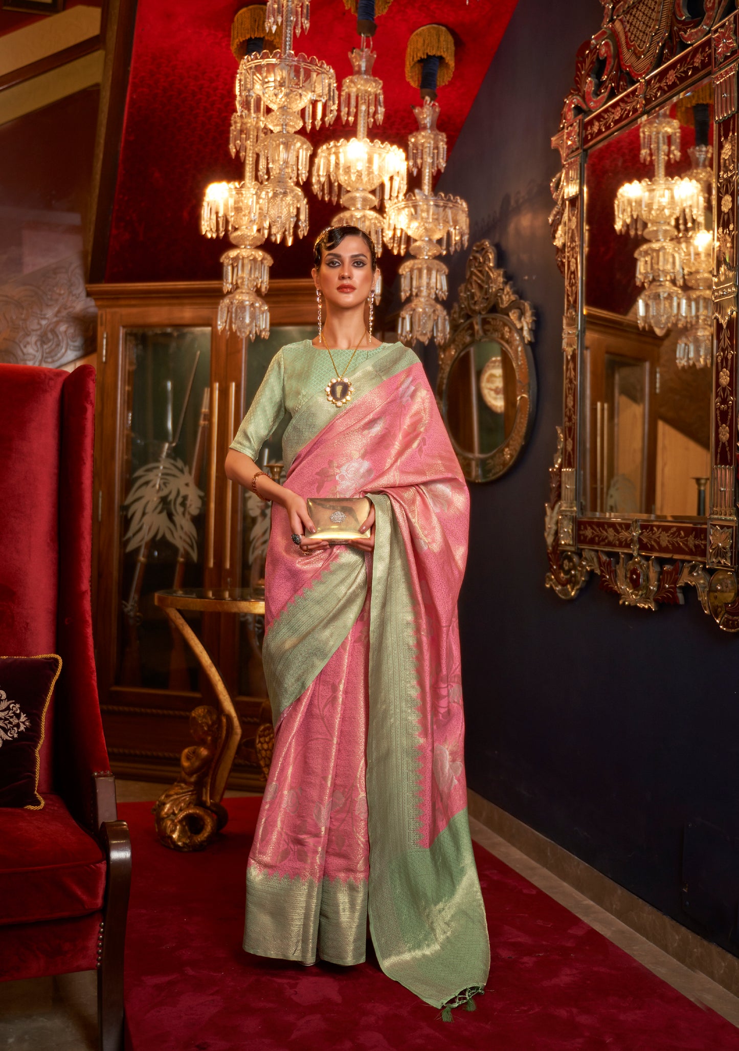 Light Pink with Mint  kanjivaram Pattu Saree for Woman