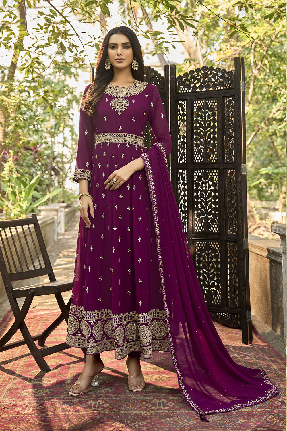 Beetroot Pink Embroidered Partywear Gown Suit with Dupatta