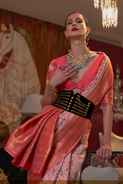 Baby Pink with Red Pashmina Inspired Kani Silk Saree for Woman