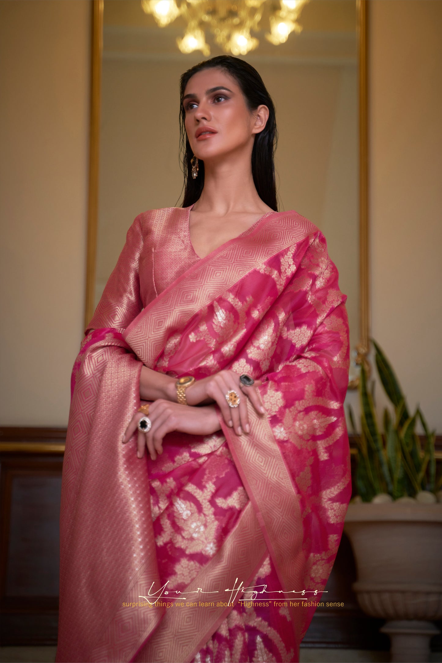 Purple Red Banarasi Organza Saree with Woven Jaal Weaving