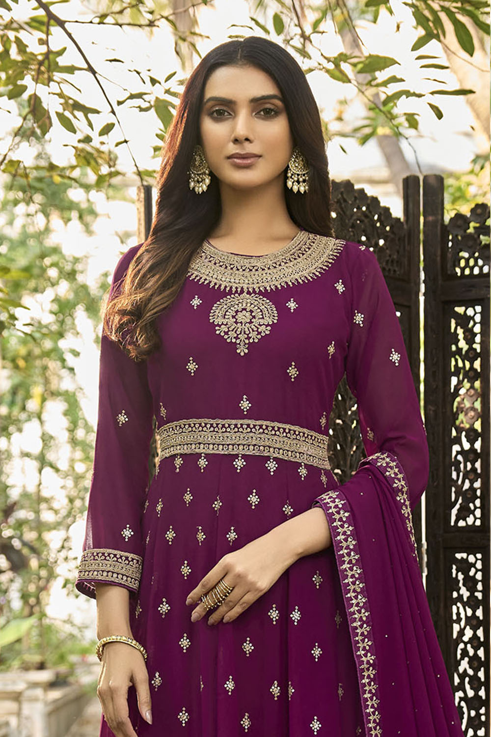 Beetroot Pink Embroidered Partywear Gown Suit with Dupatta