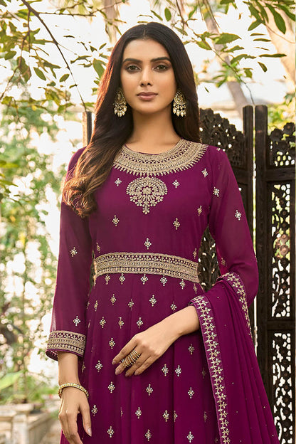 Beetroot Pink Embroidered Partywear Gown Suit with Dupatta