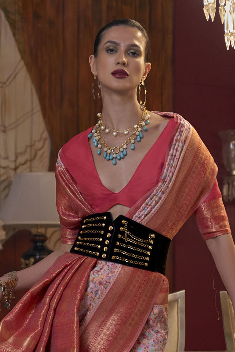 Baby Pink with Red Pashmina Inspired Kani Silk Saree for Woman