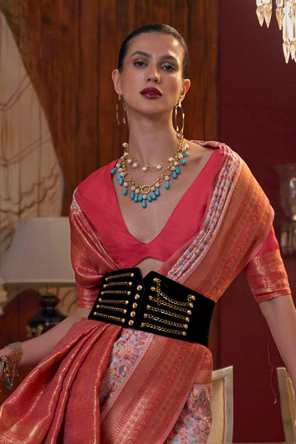 Baby Pink with Red Pashmina Inspired Kani Silk Saree for Woman