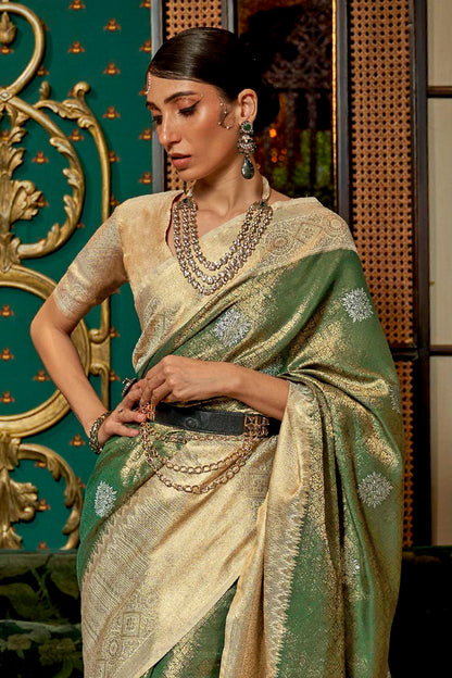 Camo Green Soft Zari Woven Kanjivaram Saree for Weddings and Festivals