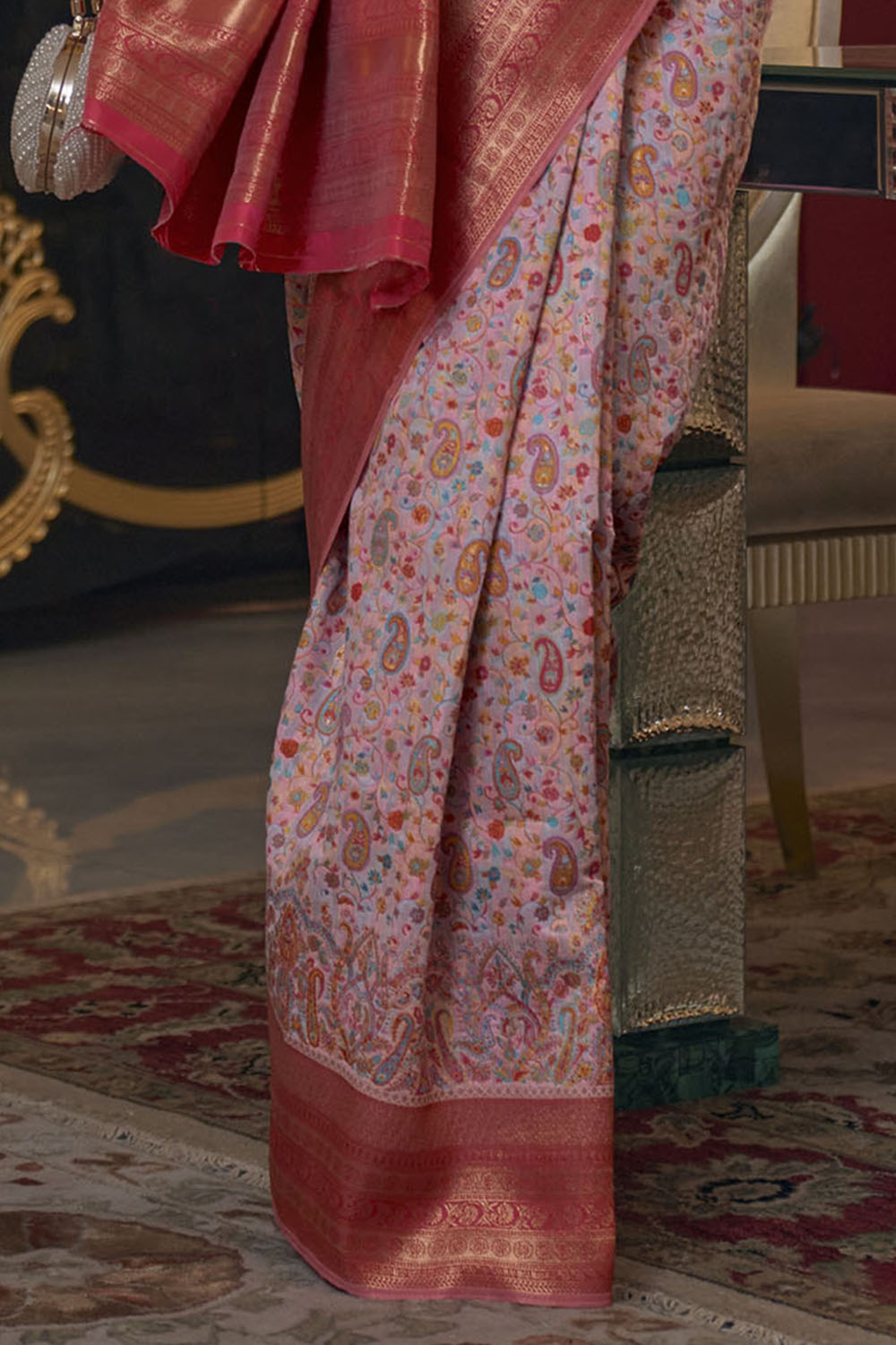 Baby Pink with Red Pashmina Inspired Kani Silk Saree for Woman
