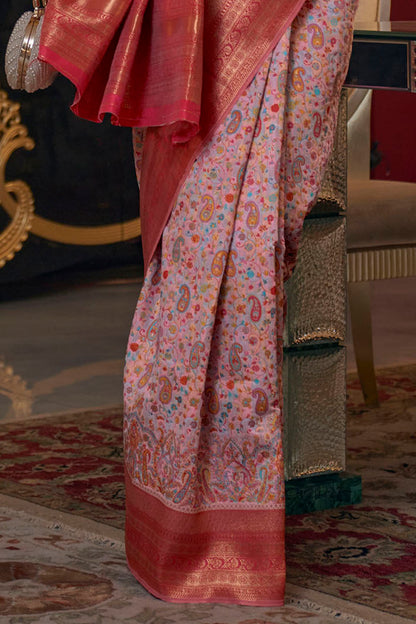 Baby Pink with Red Pashmina Inspired Kani Silk Saree for Woman