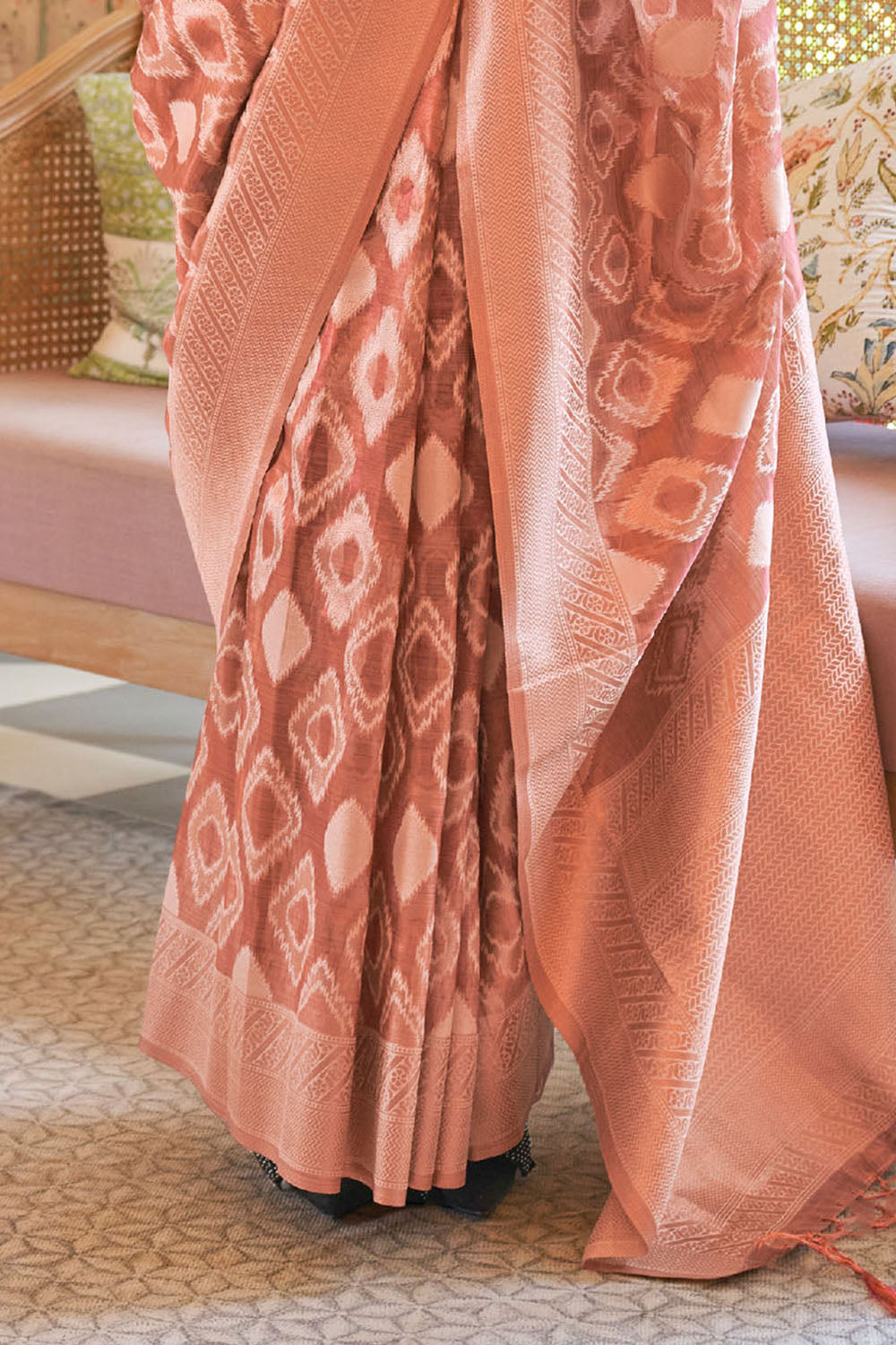 Pink Peach Soft Tissue Zari Jaal Weaving Saree for Weddings
