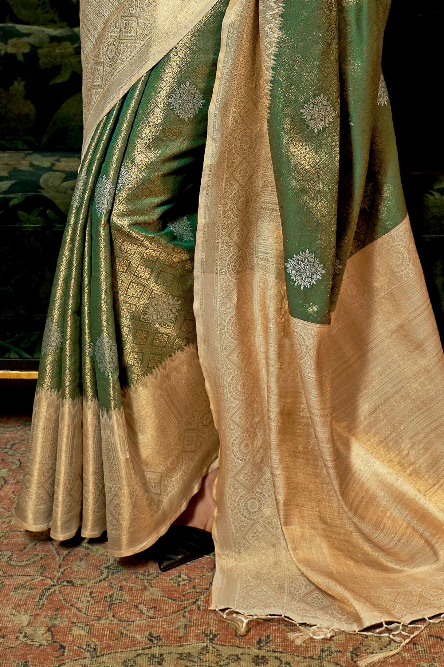 Camo Green Soft Zari Woven Kanjivaram Saree for Weddings and Festivals