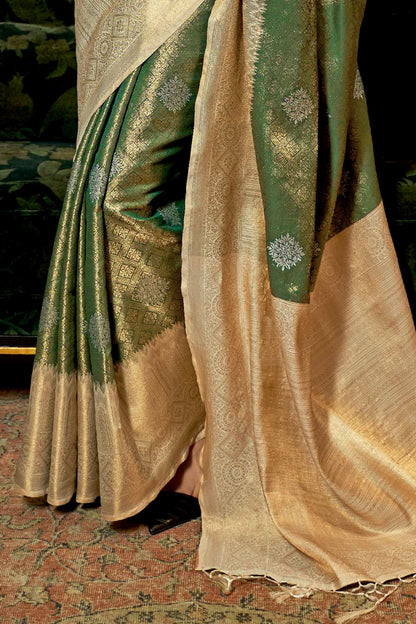 Camo Green Soft Zari Woven Kanjivaram Saree for Weddings and Festivals