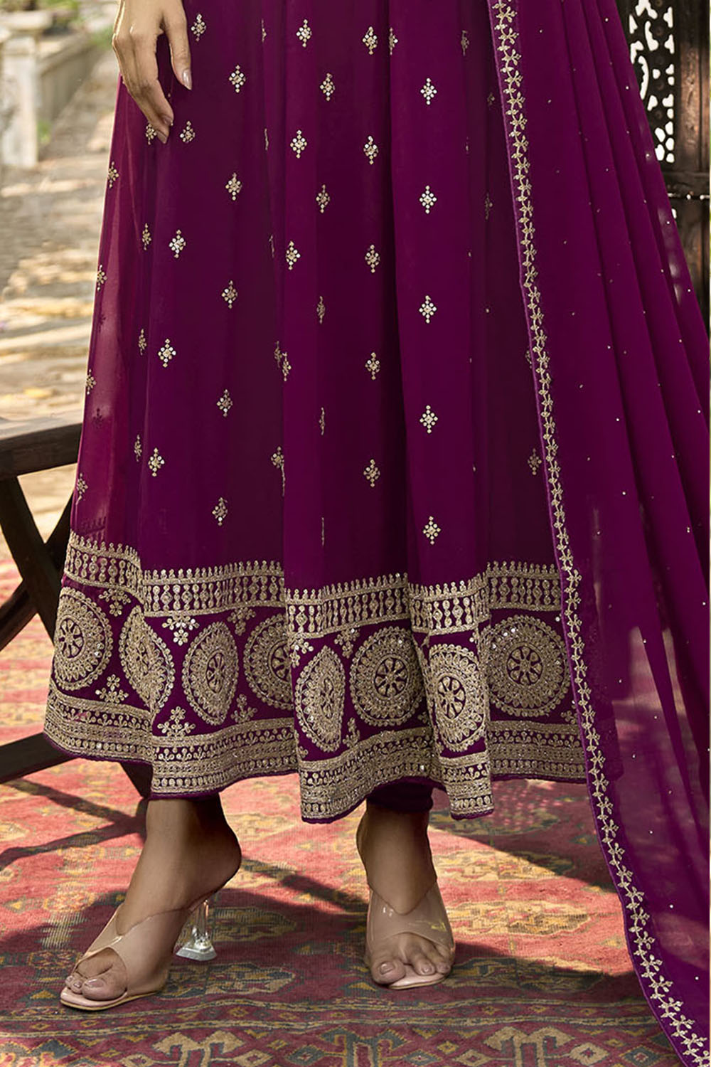 Beetroot Pink Embroidered Partywear Gown Suit with Dupatta