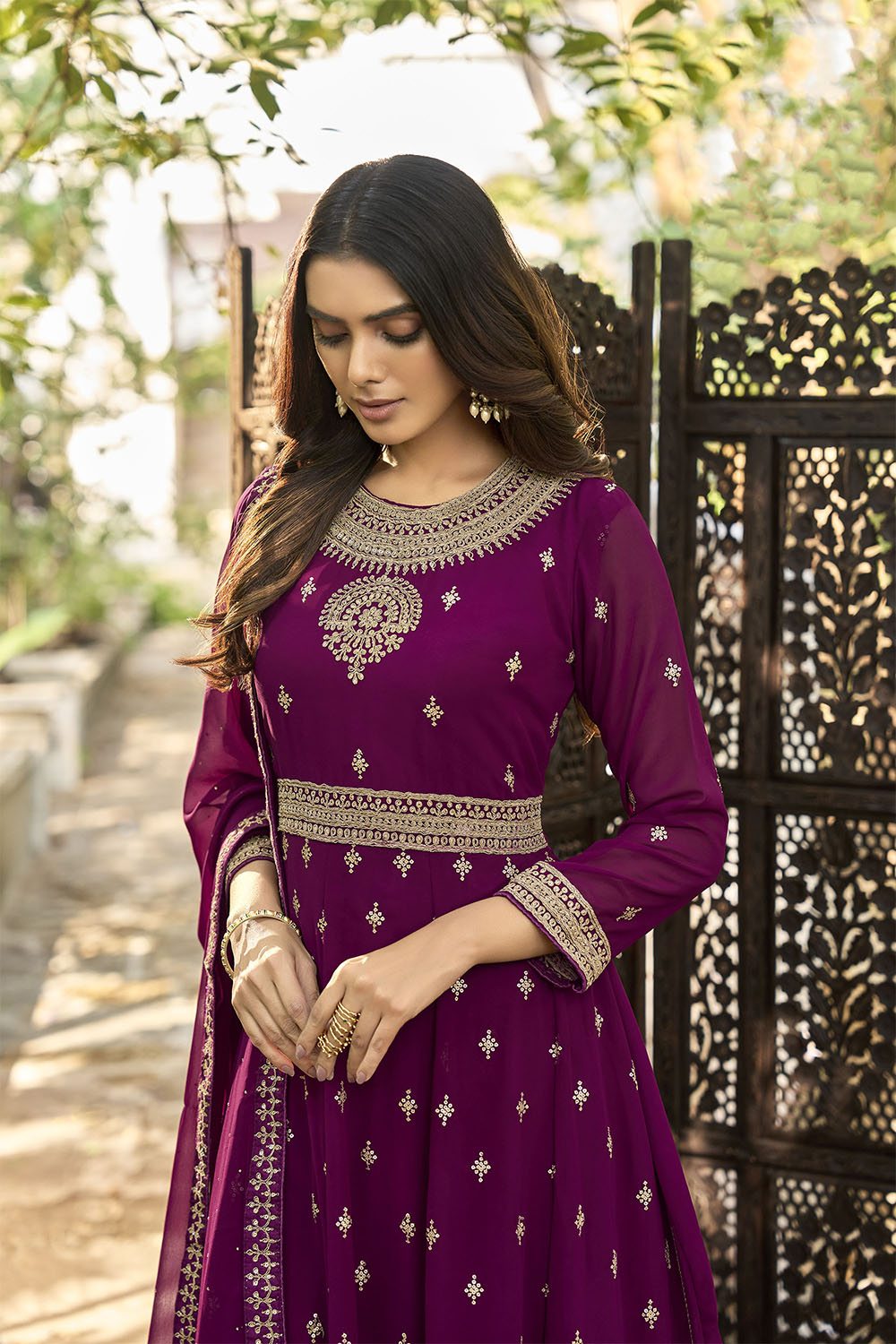 Beetroot Pink Embroidered Partywear Gown Suit with Dupatta