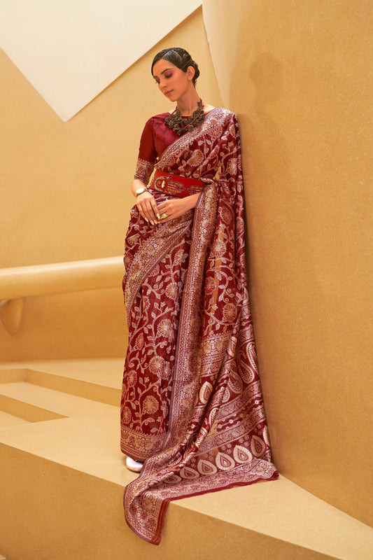 Apple Red Woven Chikankari Saree with Meenakari Zari Weaving