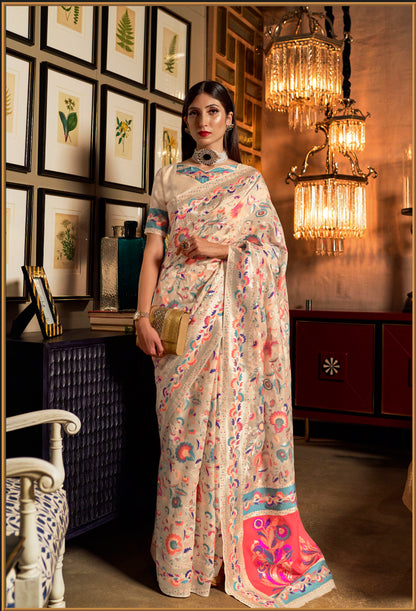 Pearl White Kashmiri Silk Saree for Weddings Reception & Festivals, Floral Kani Saree