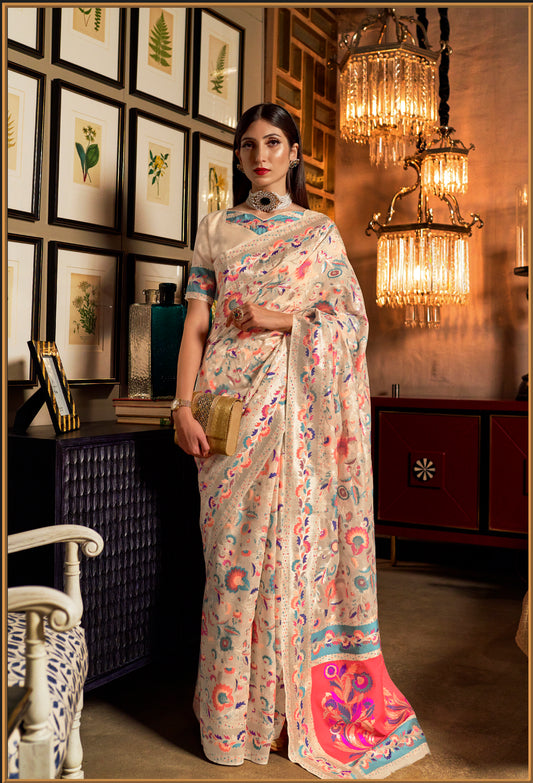 Pearl White Kashmiri Silk Saree for Weddings Reception & Festivals, Floral Kani Saree