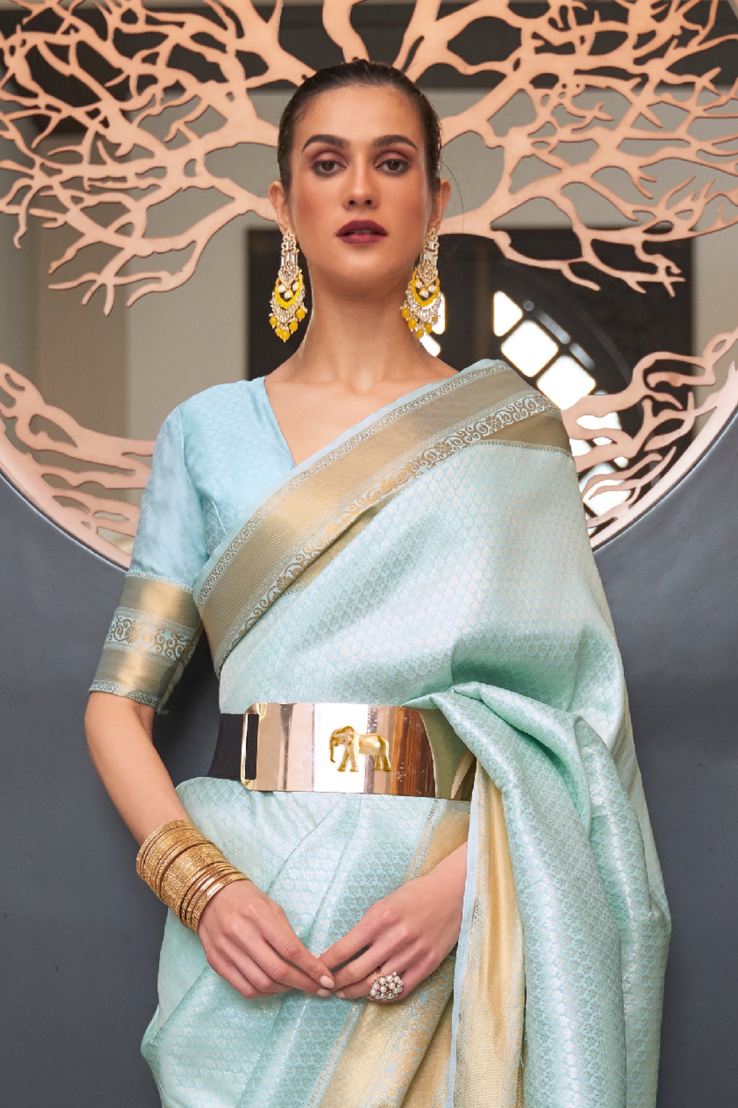 Arctic Blue and Golden Kanjivaram Silk Saree with Antique Finish & Glossy Texture