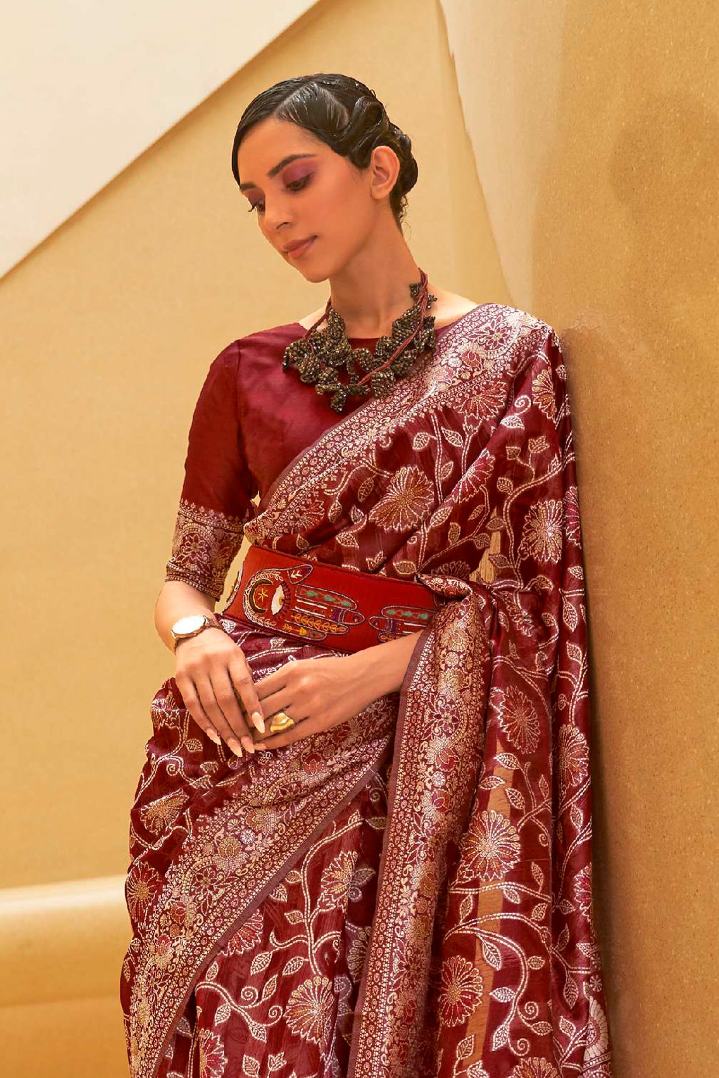 Apple Red Woven Chikankari Saree with Meenakari Zari Weaving