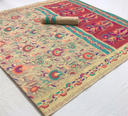 Pearl White Kashmiri Silk Saree for Weddings Reception & Festivals, Floral Kani Saree
