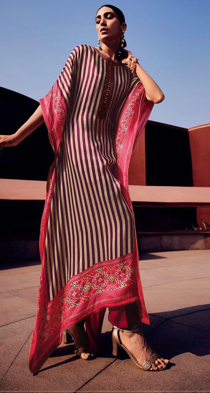 Brown White Stripe Kaftan Dress with Pink Patola Border
