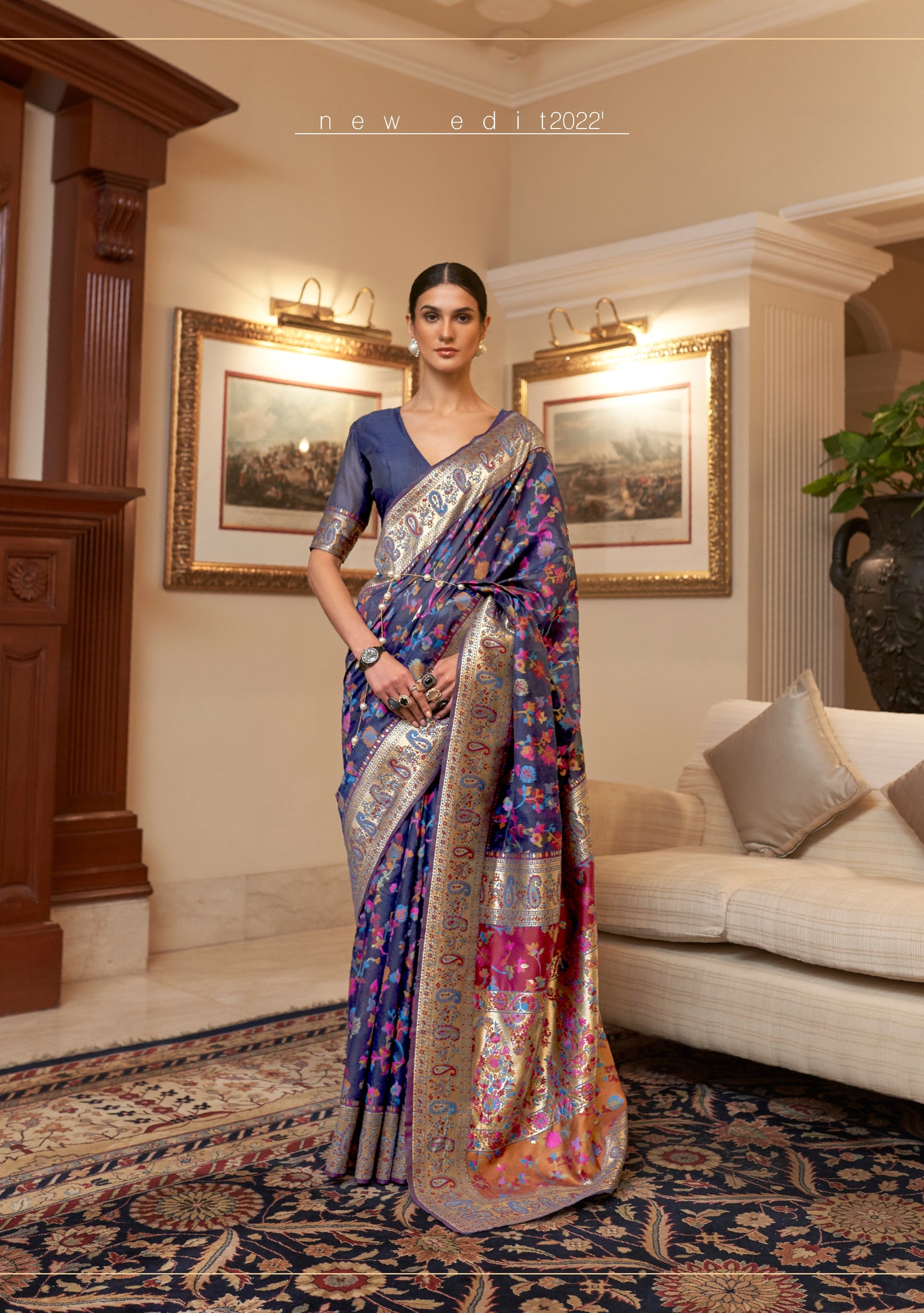 Navy Blue Kashmiri Handloom Modal Silk Woven Kani Saree for Weddings