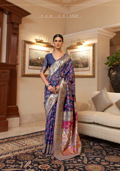 Navy Blue Kashmiri Handloom Modal Silk Woven Kani Saree for Weddings