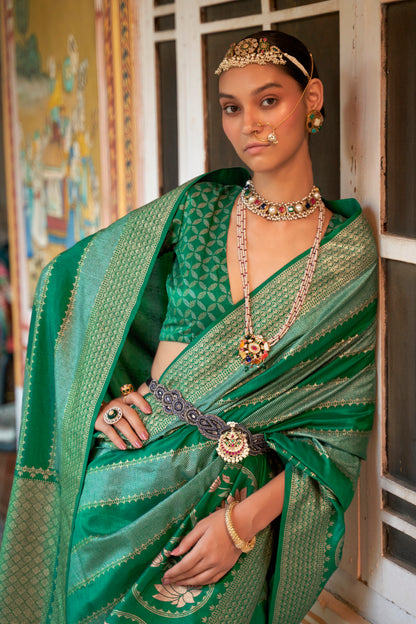 Spring Green Banarasi Silk Saree with Designer Blouse for Women