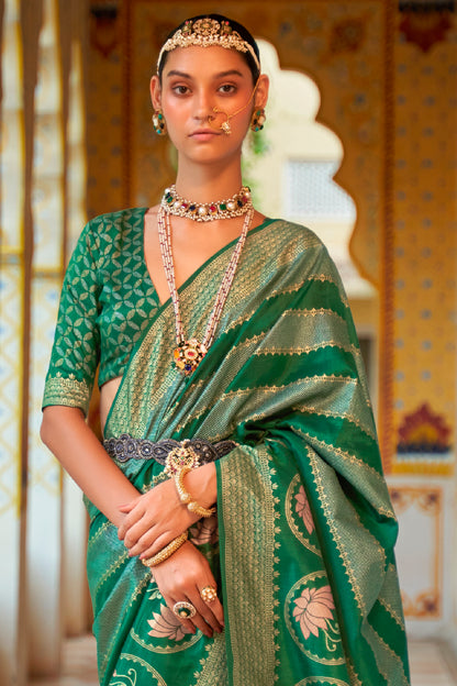 Spring Green Banarasi Silk Saree with Designer Blouse for Women