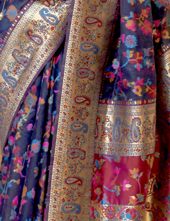 Navy Blue Kashmiri Handloom Modal Silk Woven Kani Saree for Weddings