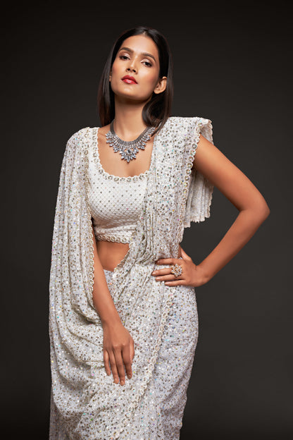 Swan White Sequin emblished Designer Sparkling Georgette Saree Bloue for Every Occassions