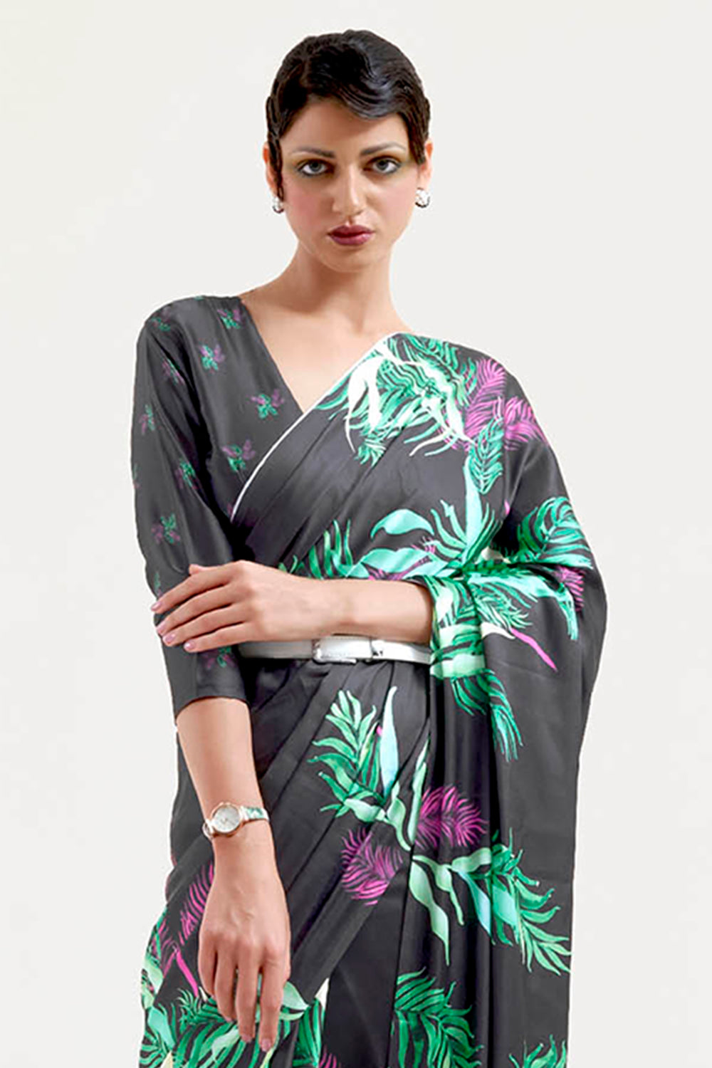 Black with Green  Designer Pure Satin Silk Saree with Blouse