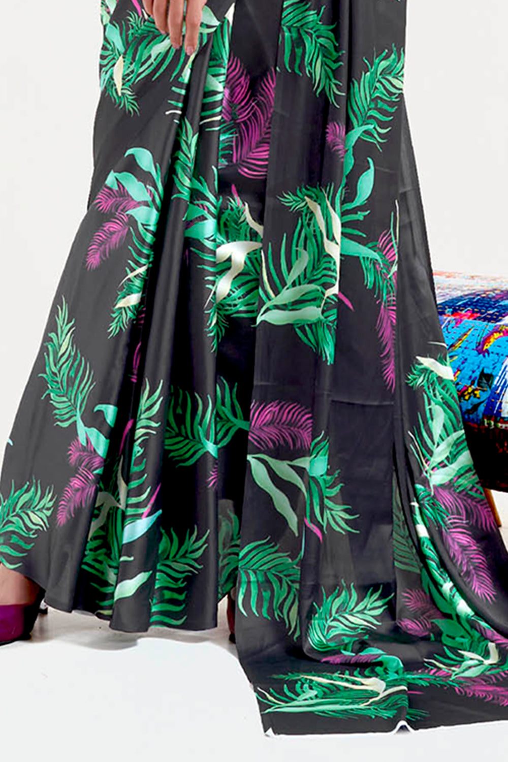 Black with Green  Designer Pure Satin Silk Saree with Blouse