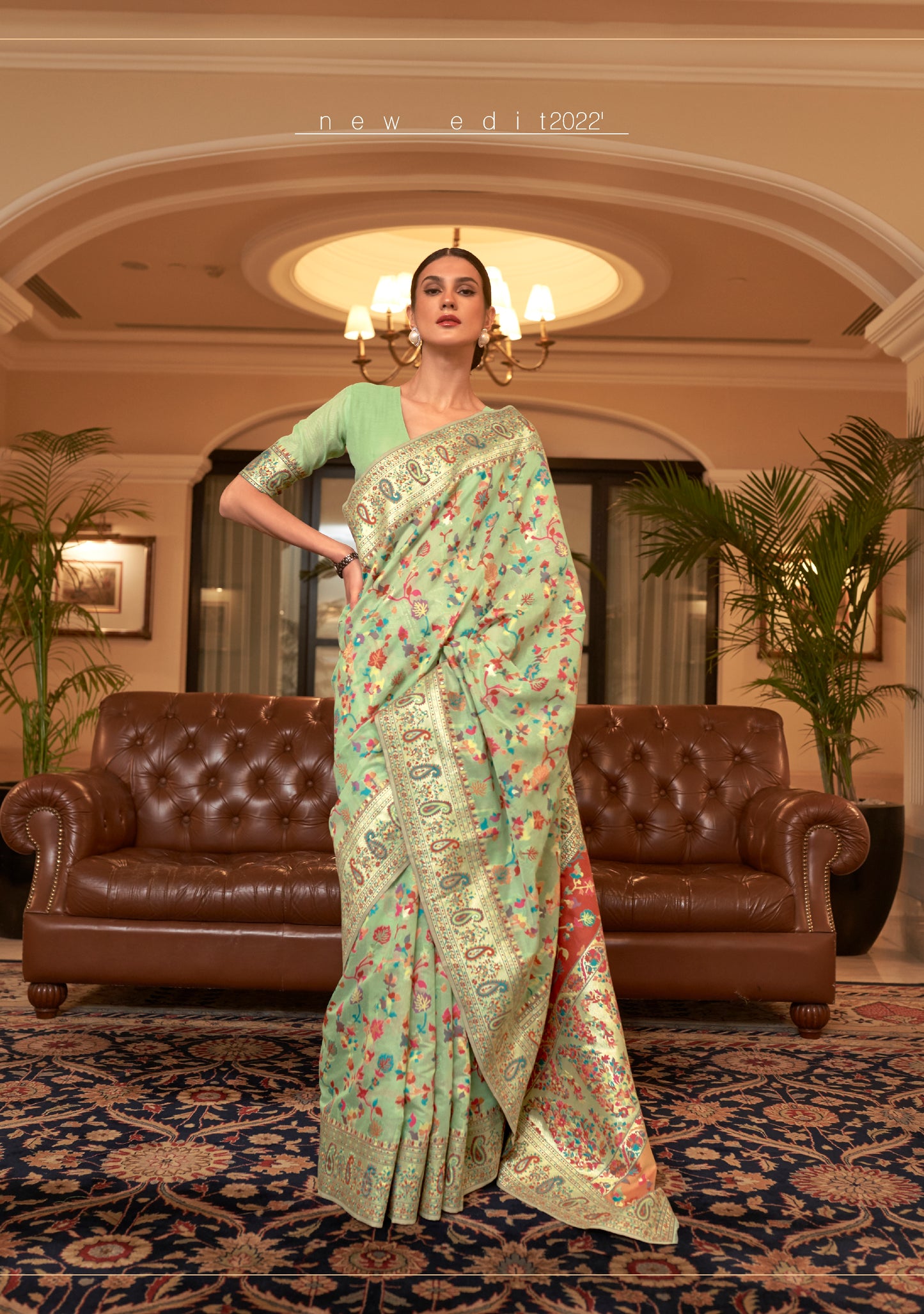 Pistachio Green Kashmiri Handloom Modal Silk Woven Kani Saree for Weddings