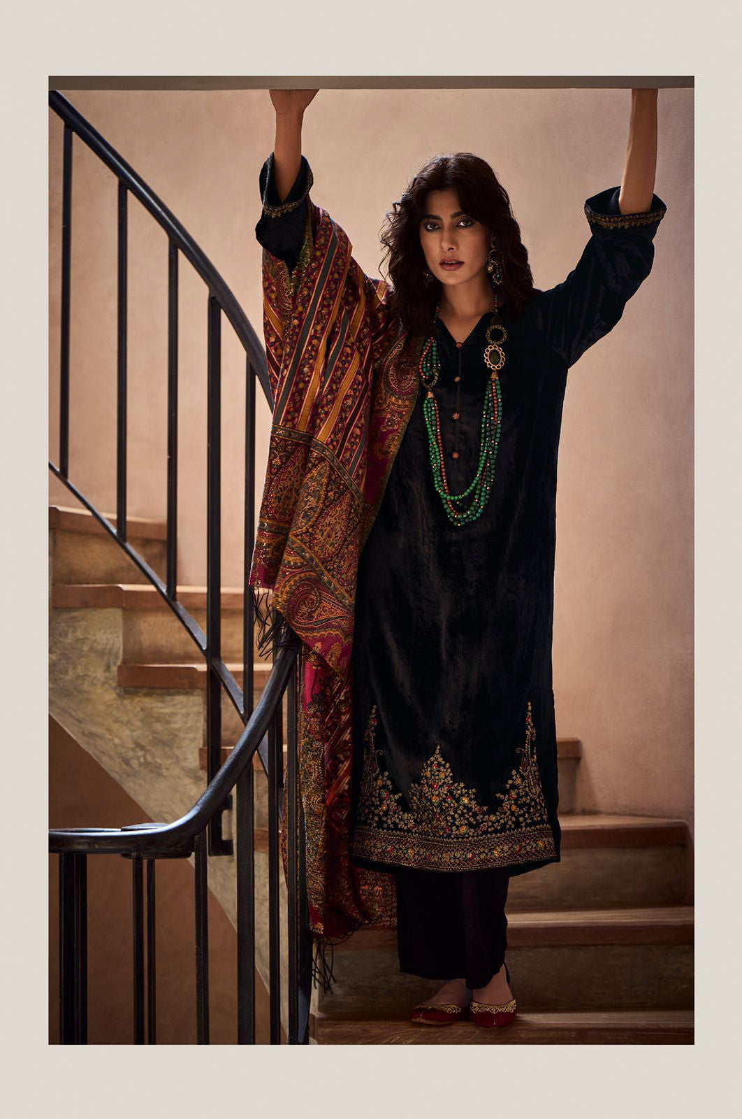 Black Velvet Embroidery Border Salwar Suit with Maroon Pashmina Style Dupatta and Pant
