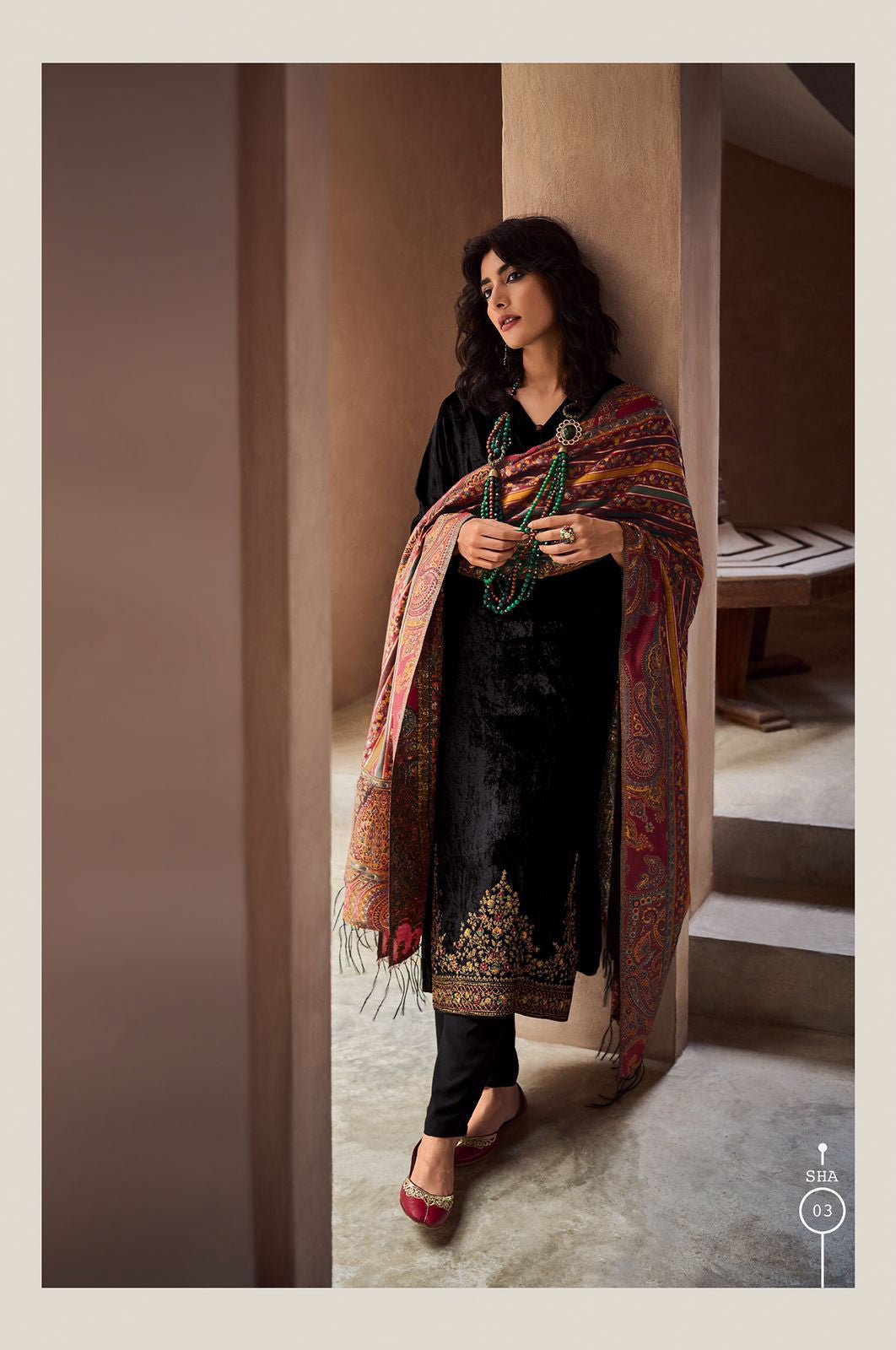Black Velvet Embroidery Border Salwar Suit with Maroon Pashmina Style Dupatta and Pant