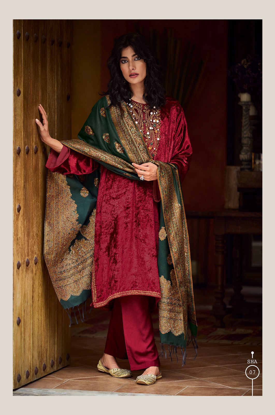 Carmine Red Embroidery Neck Anarkali Salwar Suit with Green Fancy Dupatta