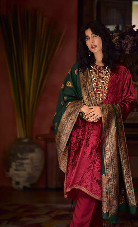Carmine Red Embroidery Neck Anarkali Salwar Suit with Green Fancy Dupatta